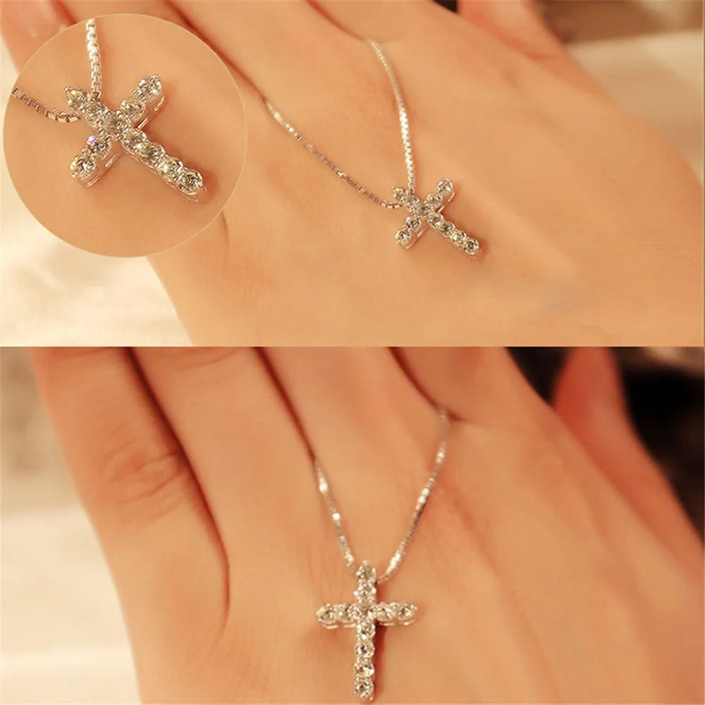 Crystal Cross Pendant Silver Chain Necklace