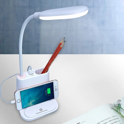 USB Rechargeable LED Desk Lamp: Touch Dimming, Phone Holder, Fan, Brush Pot