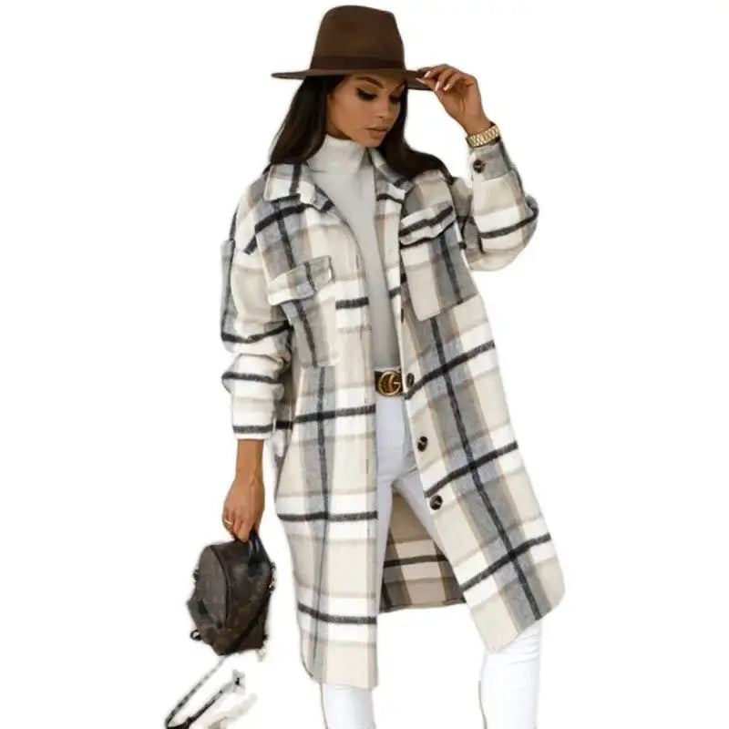 Women's Plaid Printed Long Overcoat Jacket