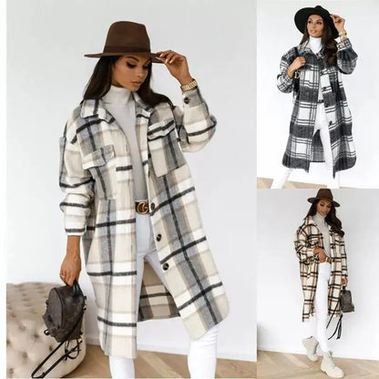 Women's Plaid Printed Long Overcoat Jacket