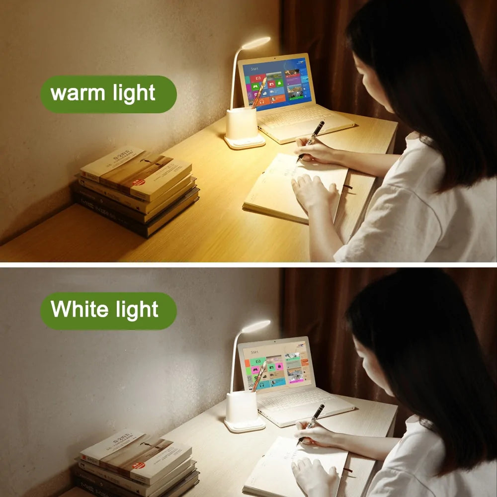 USB Rechargeable LED Desk Lamp: Touch Dimming, Phone Holder, Fan, Brush Pot